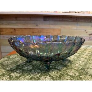 Vintage Blue Iridescent Indiana Carnival Glass Oval Footed Serving Fruit Bowl